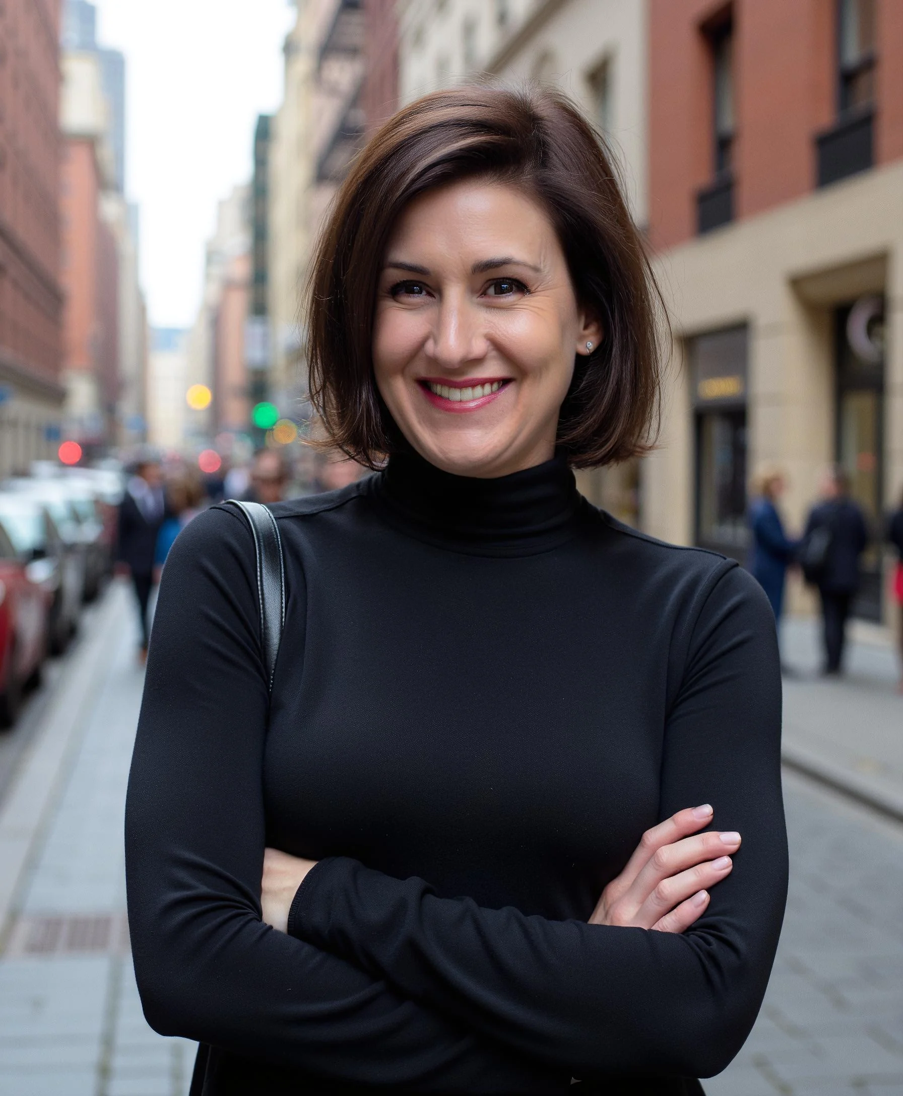 4 A business systems consultant with a short brown bob, wearing a black turtleneck, stands outdoors on a city street with her arms crossed and smiles at the camera. Several people and buildings are visible in the background.