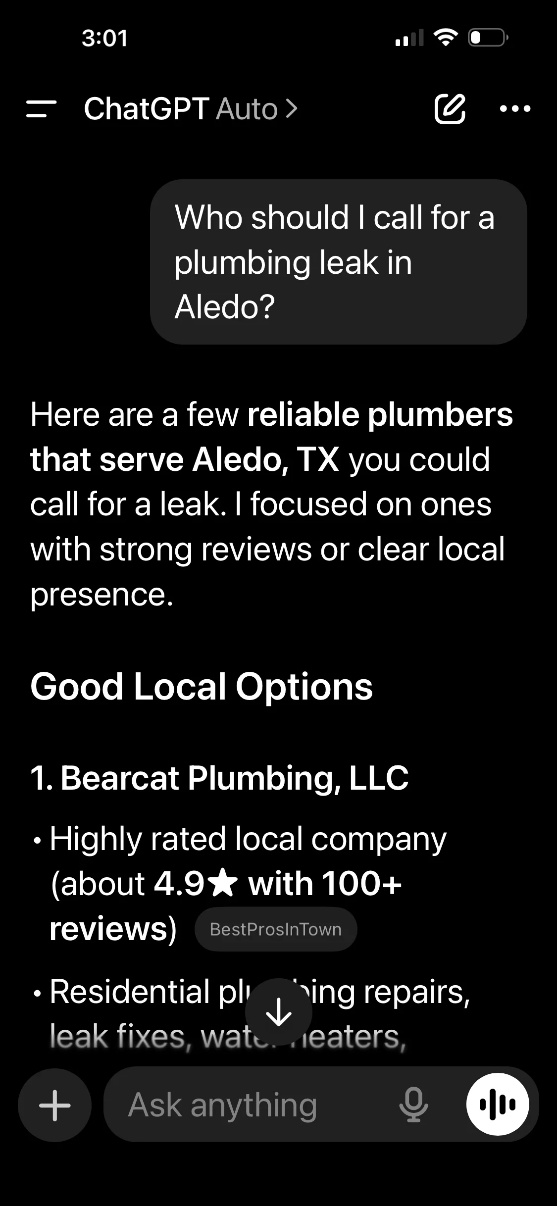 AI Plumber Search A smartphone screen displays a chat with ChatGPT using AI search. The user asks about plumbers for a leak in Aledo. ChatGPT replies with a list, recommending Bearcat Plumbing, LLC for its business visibility, high rating, and 100+ reviews.