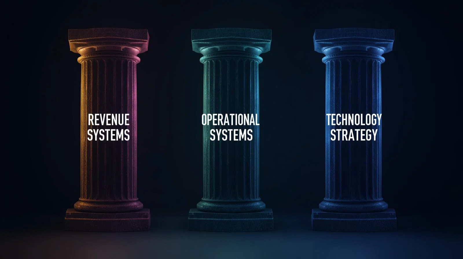 Three stone pillars stand against a dark background. Labeled "Revenue Systems," "Operational Systems," and "Technology Strategy," each represents a key aspect of business management and is highlighted in a distinct color.